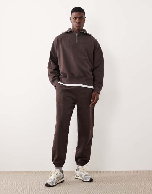 ASOS DESIGN - Oversized sweatshirt met verlaagde schouders, korte rits en kraagje in gemêleerd bruin, 2 van 5