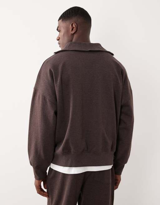 ASOS DESIGN - Oversized sweatshirt met verlaagde schouders, korte rits en kraagje in gemêleerd bruin, 3 van 5