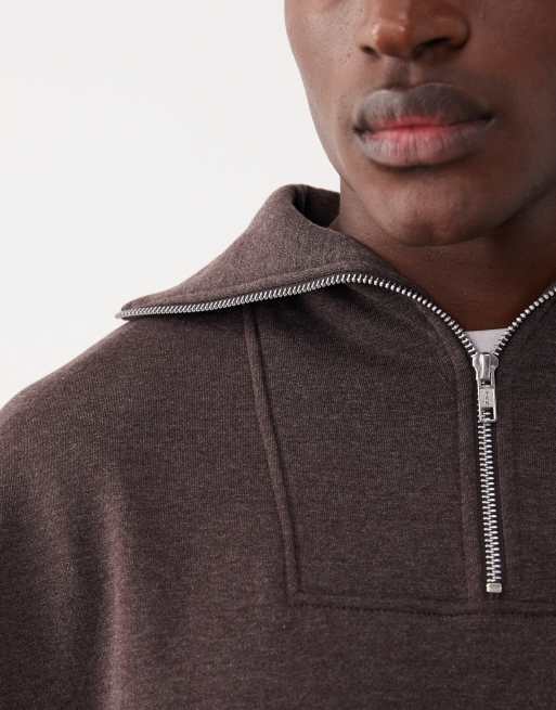 ASOS DESIGN - Oversized sweatshirt met verlaagde schouders, korte rits en kraagje in gemêleerd bruin, 5 van 5