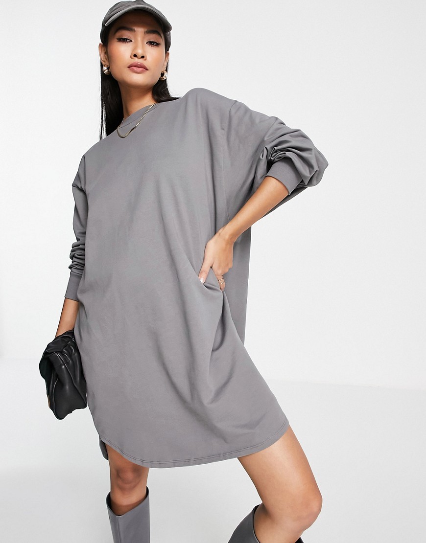 ASOS DESIGN oversized sweatshirt smock back dress in charcoal gray-Grey