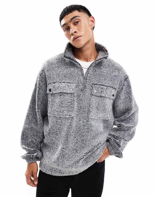 ASOS DESIGN - Oversized sweatshirt van borg met kwartrits in gemêleerd grijs