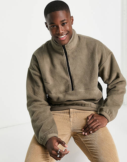 ASOS DESIGN - Oversized sweatshirt van fleece met korte rits in bruin