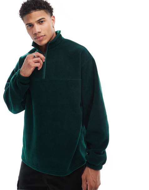 ASOS DESIGN - Oversized sweatshirt van fleece met kwartrits in donkergroen - view 1
