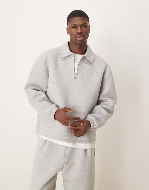ASOS DESIGN - Oversized sweatshirt van zware scubastof met kraagje en vaste zoom in gemêleerd grijs
