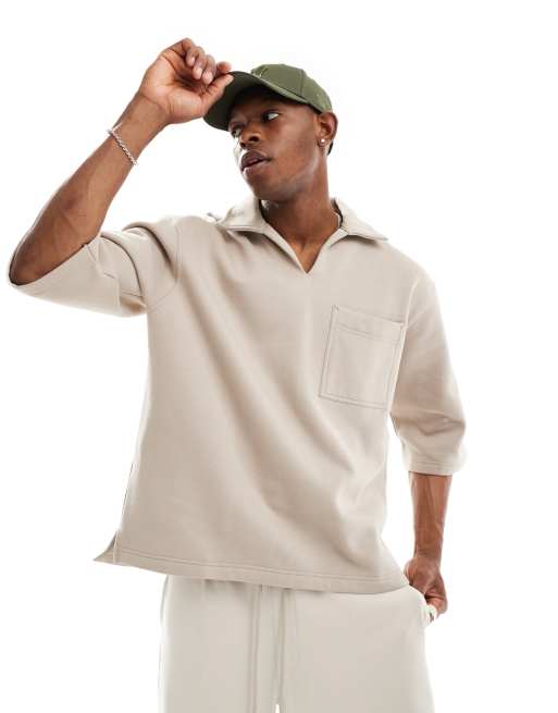 ASOS DESIGN - Oversized sweatshirt van zware stof met korte mouwen in stone
