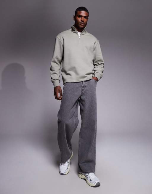 ASOS DESIGN - Oversized sweatshirt van zware stof met korte rits en vaste zoom in kaki, 2 van 5