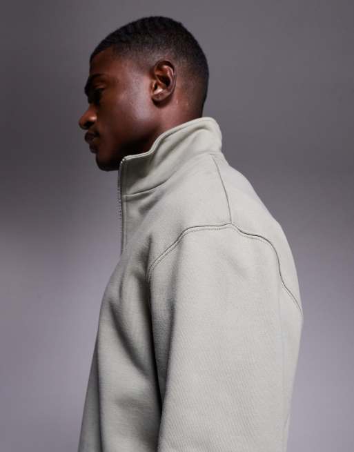 ASOS DESIGN - Oversized sweatshirt van zware stof met korte rits en vaste zoom in kaki, 4 van 5