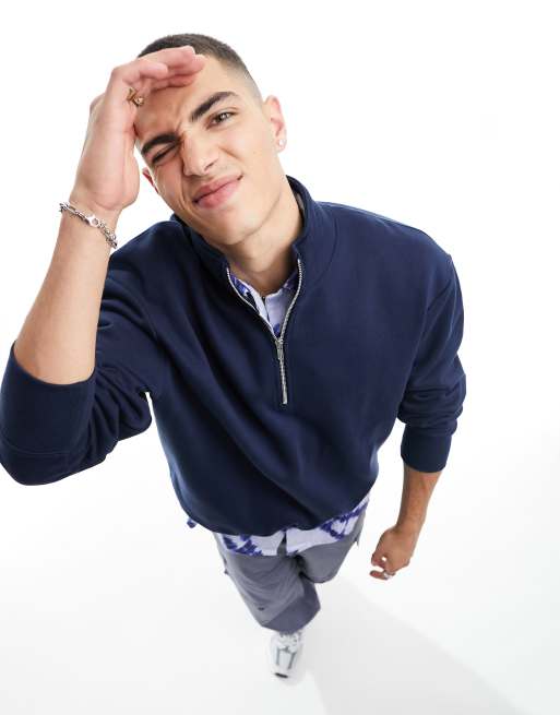 ASOS DESIGN - Oversized sweatshirt van zware stof met korte rits in marineblauw