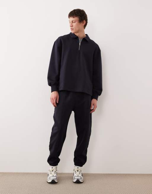 ASOS DESIGN - Oversized sweatshirt van zware stof met kraag en rits in marineblauw, 2 van 5