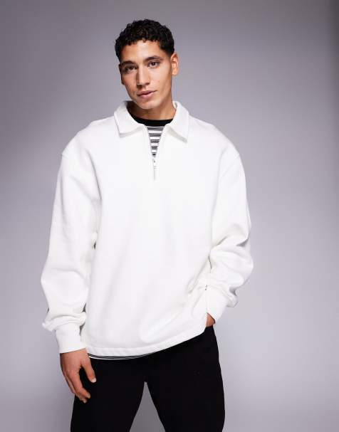 ASOS DESIGN - Oversized sweatshirt van zware stof met kraagje en rits in crème - view 1