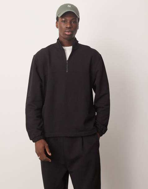 ASOS DESIGN - Oversized sweatshirt van zware stof met kwartrits in zwart, deel van co-ord set - view 1