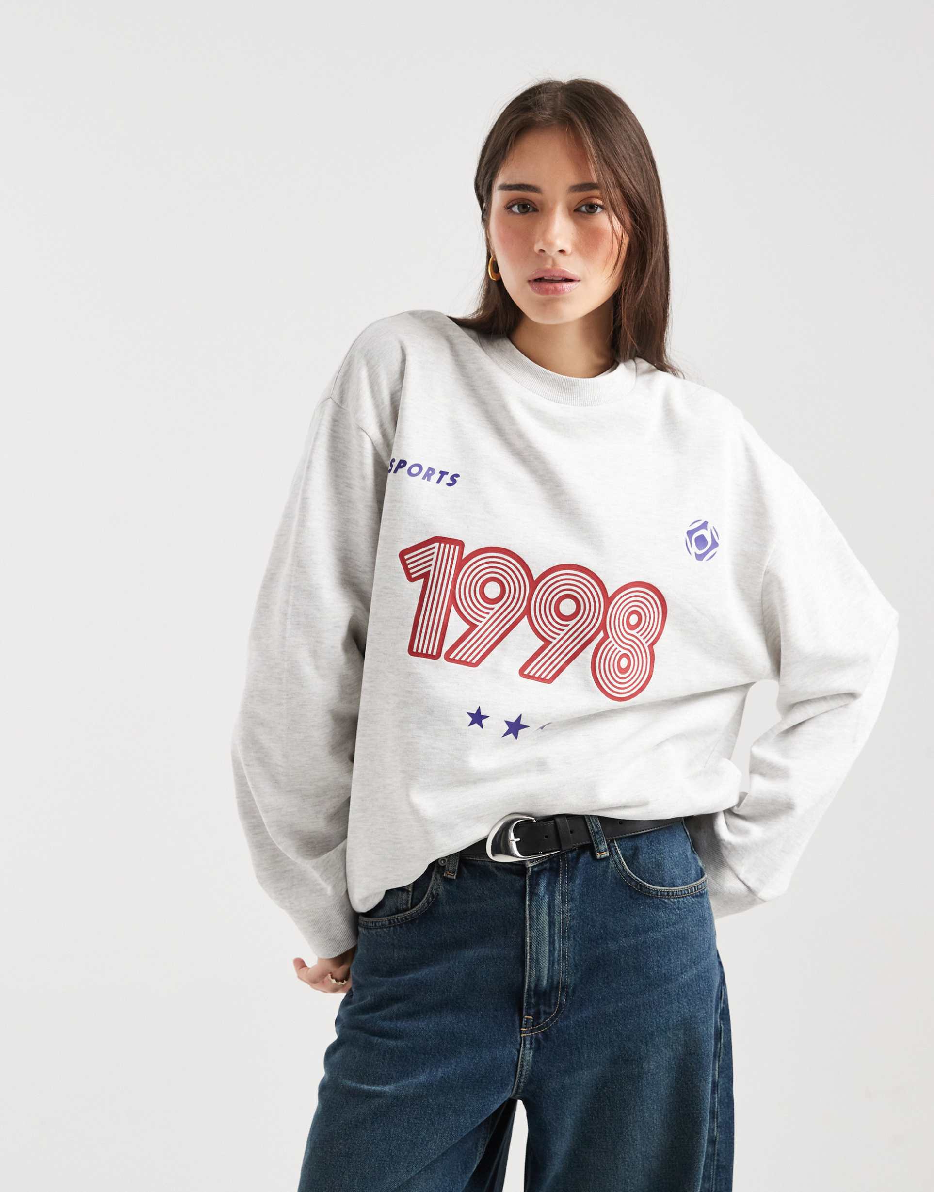 asos design oversized sweatshirt with 1998 sports graphic in heathered ice
