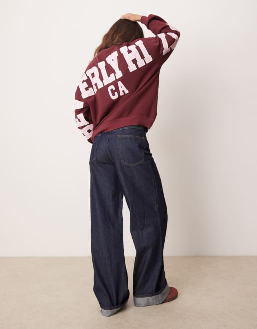 ASOS DESIGN oversized sweatshirt with Beverly Hills back graphic in burgundy, 3 of 4