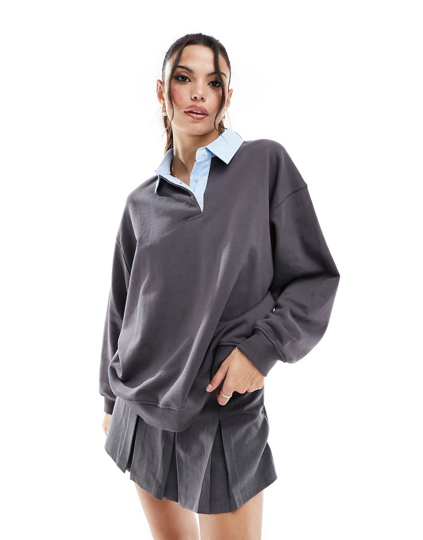 ASOS DESIGN oversized sweatshirt with blue polin colour in charcoal-Grey