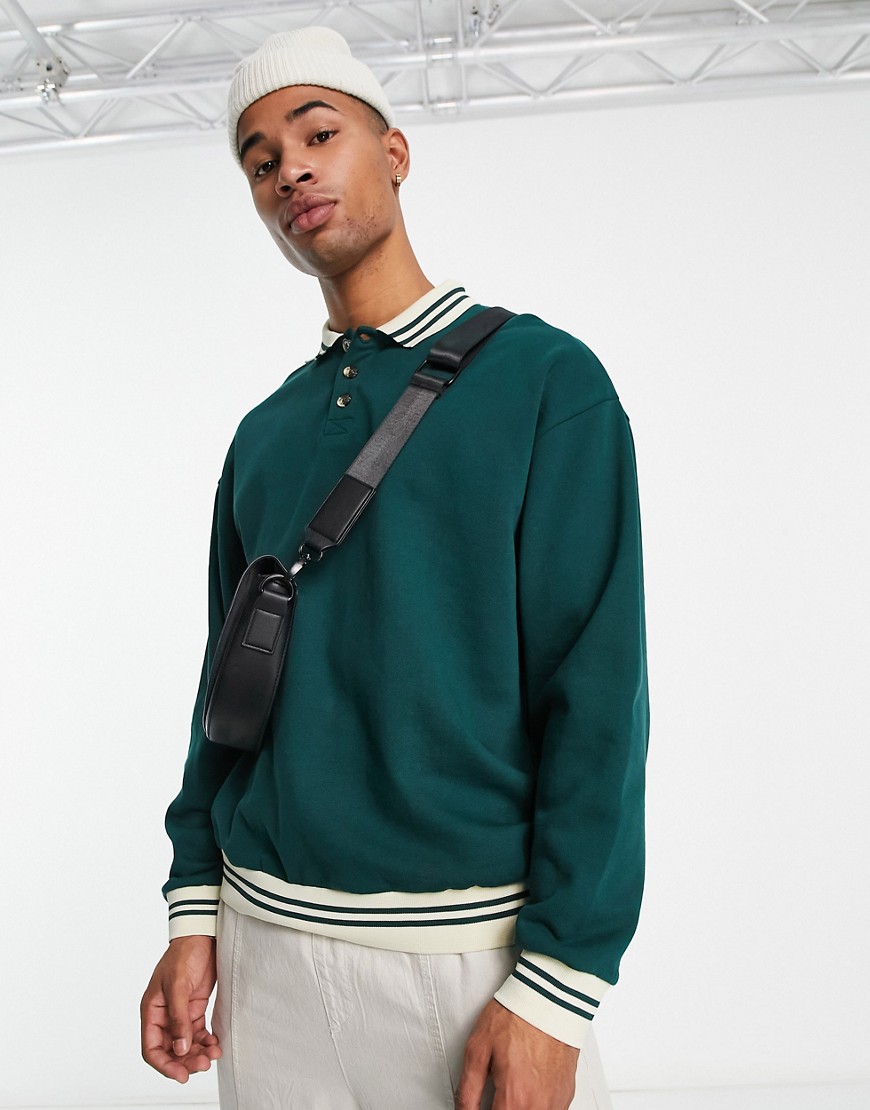 ASOS DESIGN oversized sweatshirt with button poloneck and tipping in green