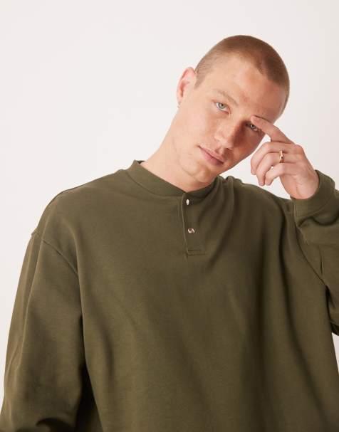ASOS DESIGN oversized sweatshirt with button-up collar in khaki - view 1