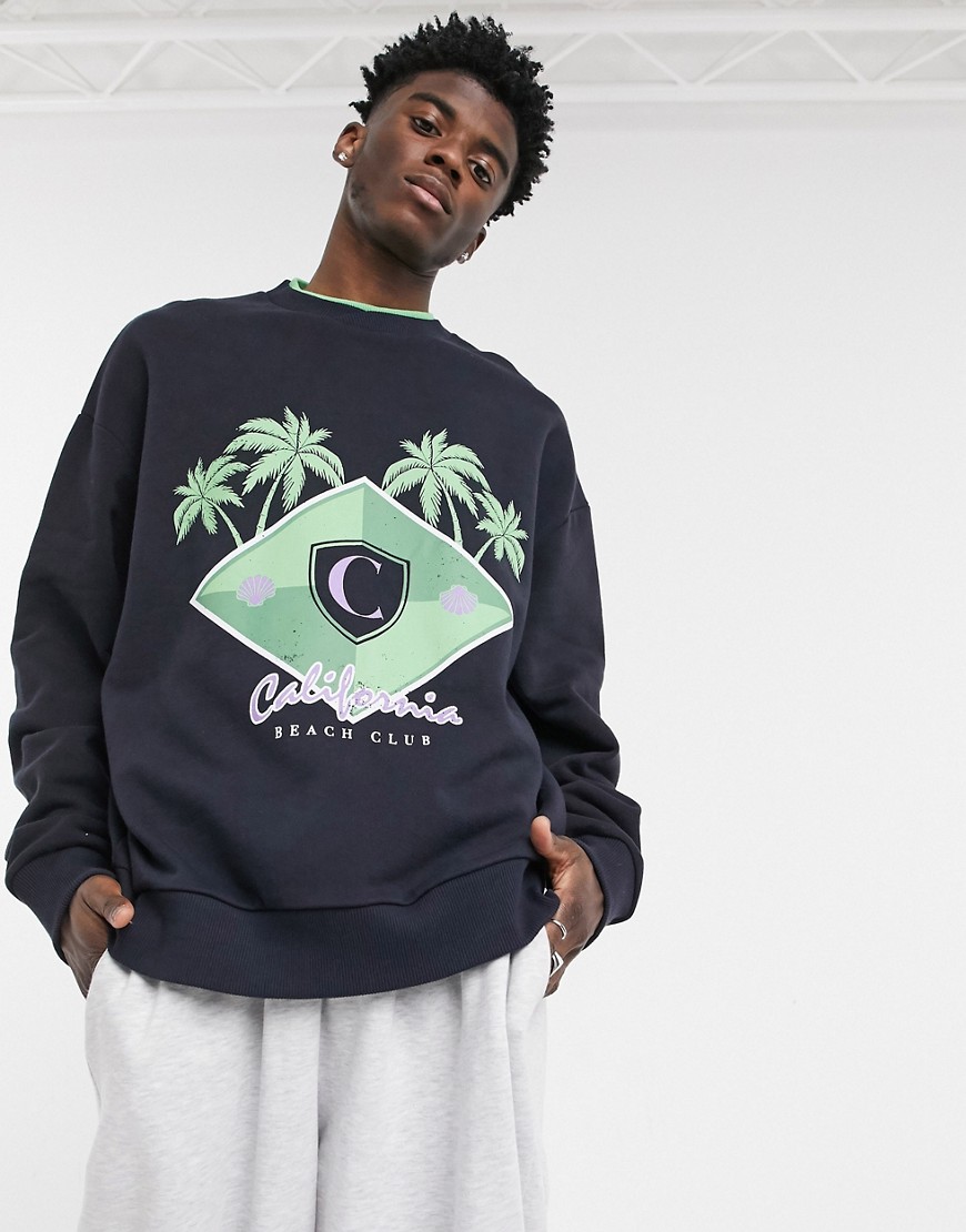ASOS DESIGN oversized sweatshirt with California front print and double neck rib detail-Black