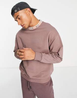 Asos Design Oversized Sweatshirt With Checkerboard Tipping In Washed Brown In Brown