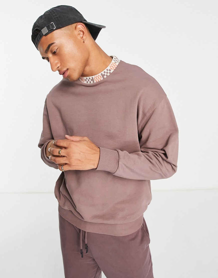 ASOS DESIGN oversized sweatshirt with checkerboard tipping in washed brown