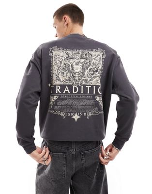Asos Design Oversized Sweatshirt With Cherub Print In Charcoal-gray