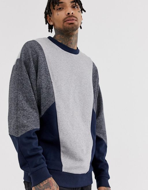 ASOS DESIGN oversized sweatshirt with colour blocking in grey and blue ...