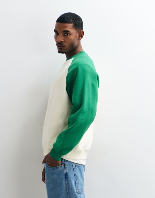 ASOS DESIGN oversized sweatshirt with contrast raglan crew neck in cream polycotton, 3 of 5