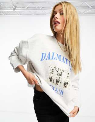 Asos Design Oversized Sweatshirt With Dalmatian Graphic In Ice Heather-gray