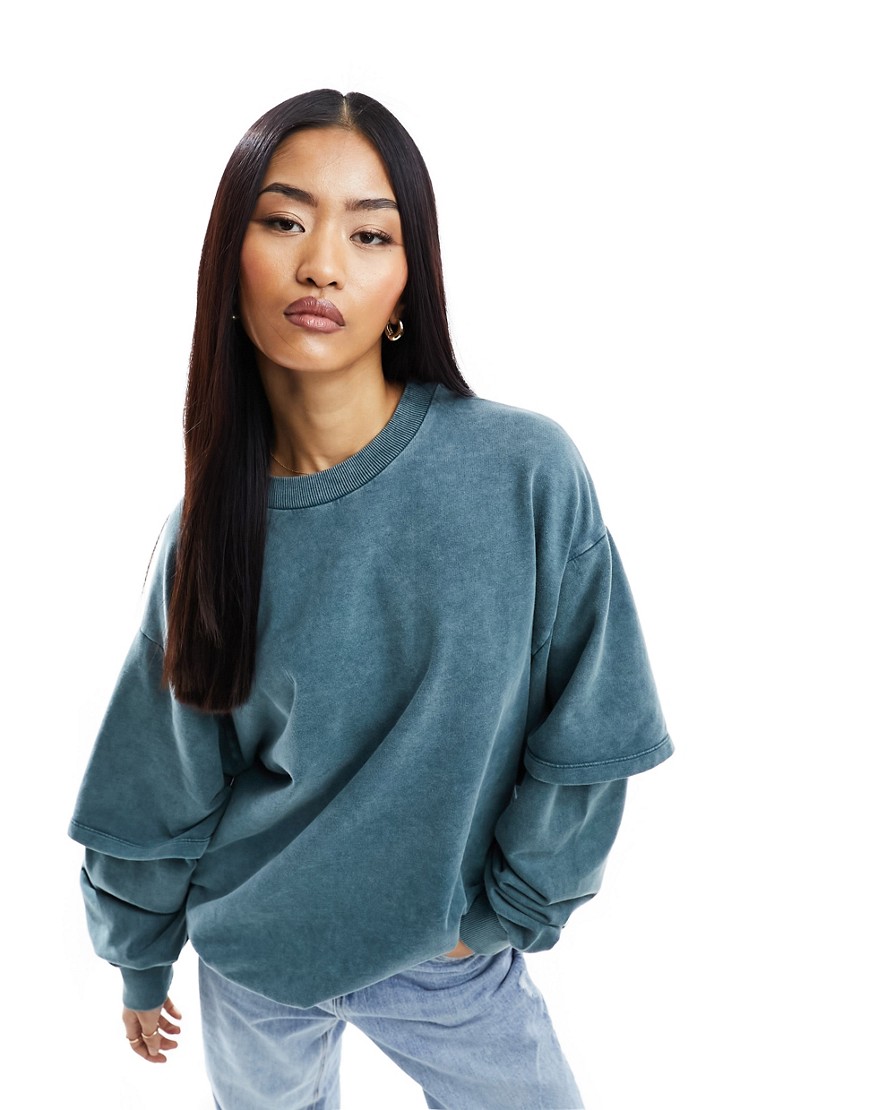 ASOS DESIGN oversized sweatshirt with double layered sleeve in washed blue