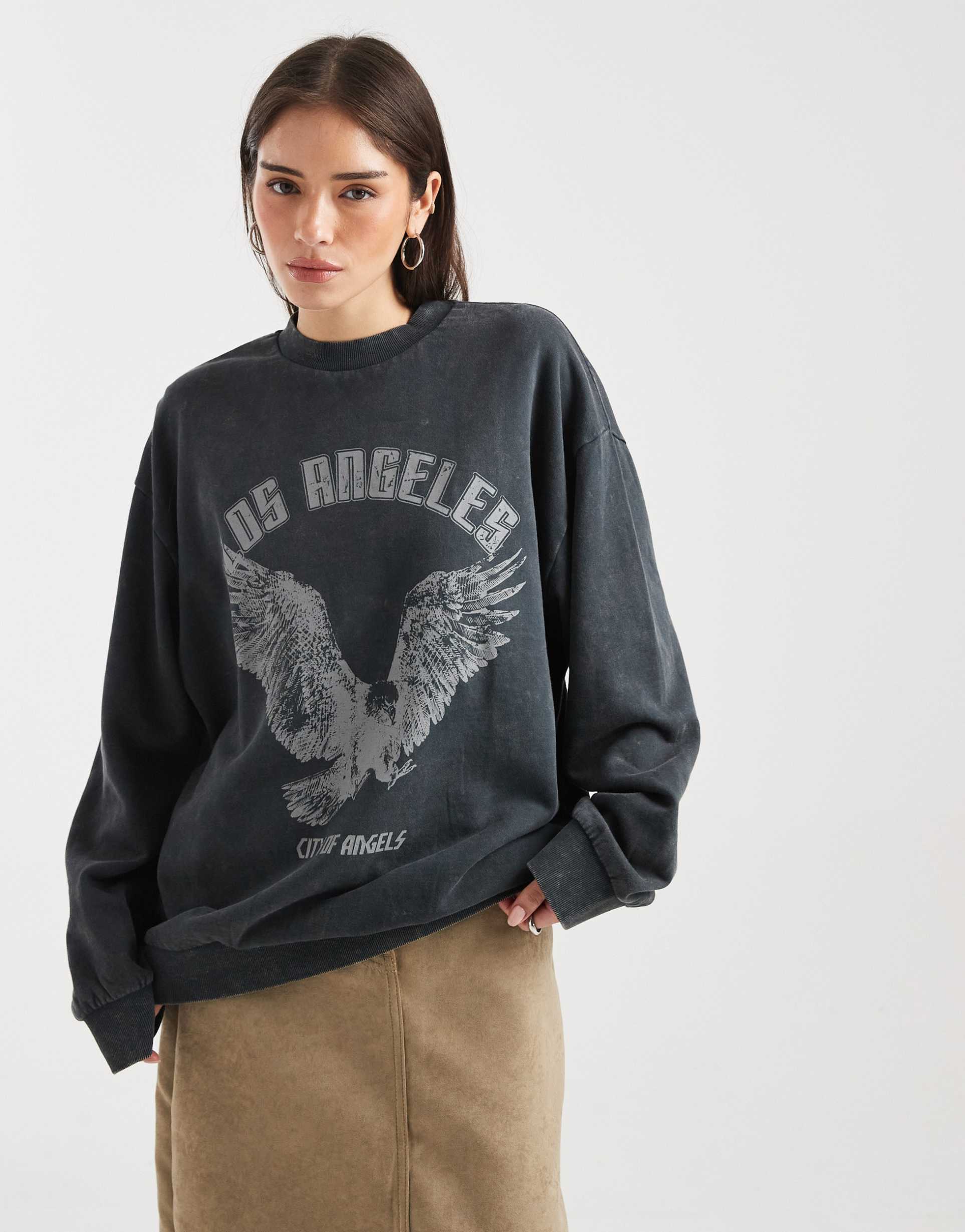 asos design oversized sweatshirt with eagle graphic in charcoal