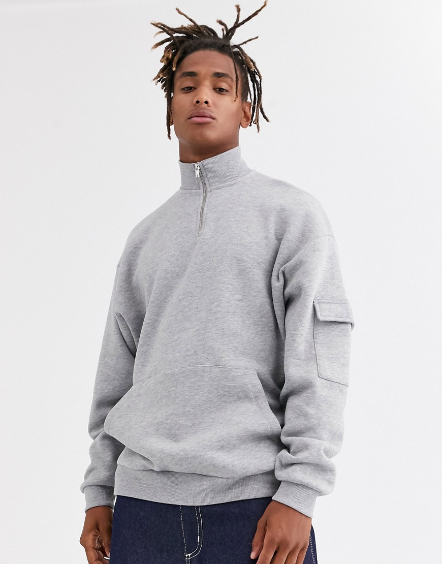 ASOS DESIGN oversized sweatshirt with funnel neck & cargo pocket in grey marl