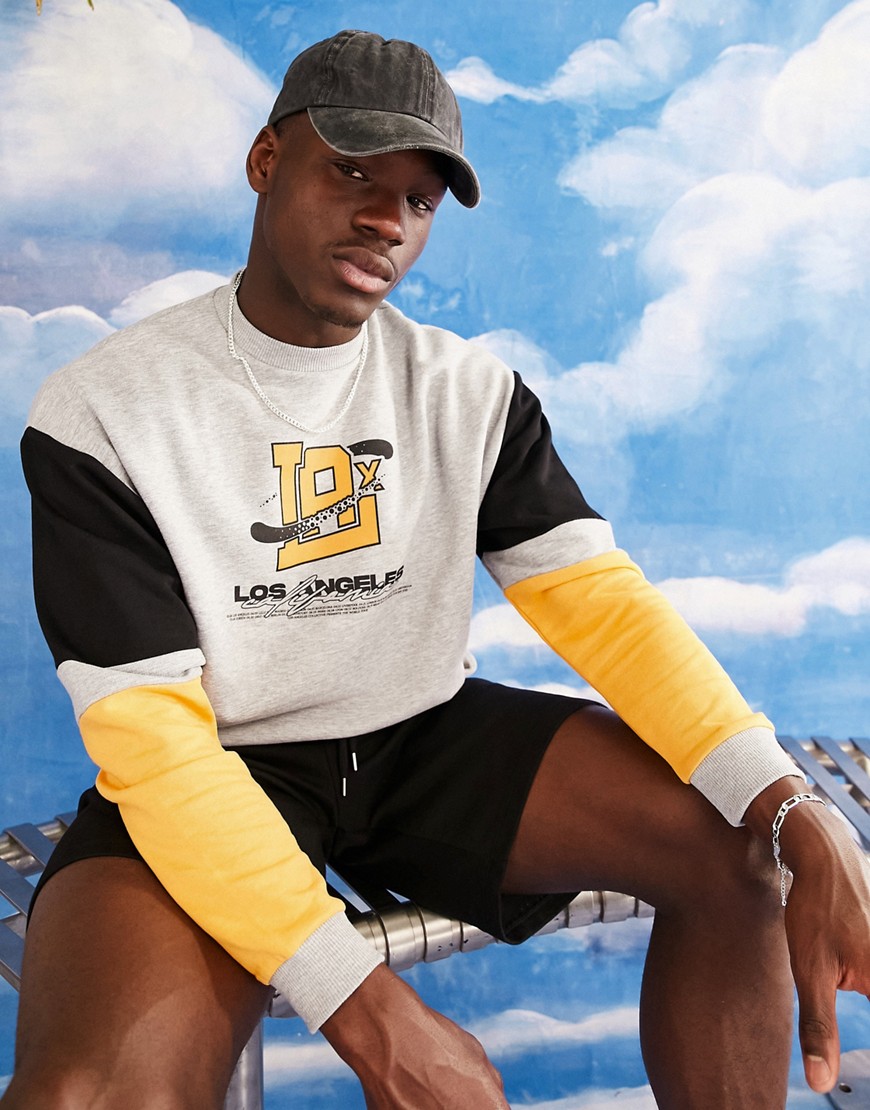 Asos Design Oversized Sweatshirt With Gray Color Block & City Print-multi