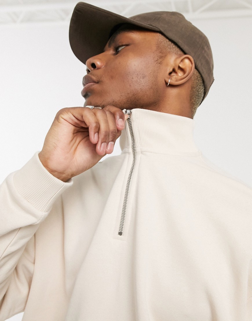 ASOS DESIGN oversized sweatshirt with half zip in beige-Neutral