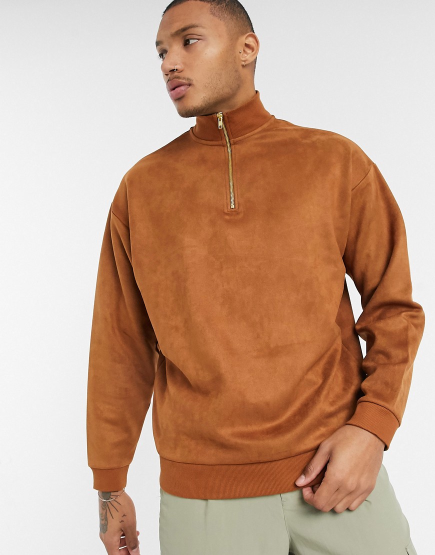 ASOS DESIGN oversized sweatshirt with half zip in brown suedette