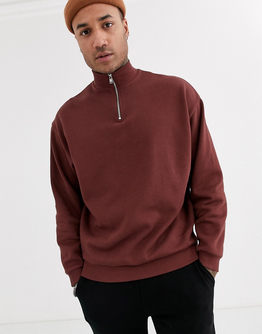 ASOS DESIGN oversized sweatshirt with half zip in brown