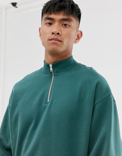 ASOS DESIGN heavyweight oversized half zip sweatshirt in dark green