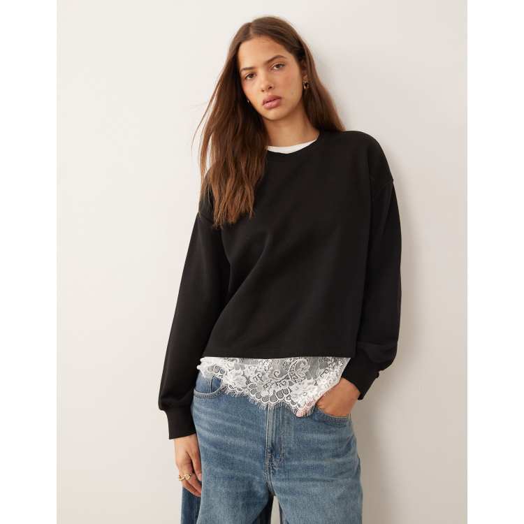 L'Appartement Half Sleeve Sweat ブラック ASOS DESIGN oversized sweatshirt with lace hem underlayer detail