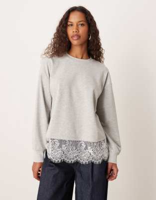 Asos Design Oversized Sweatshirt With Lace Hem Underlayer Detail In Gray