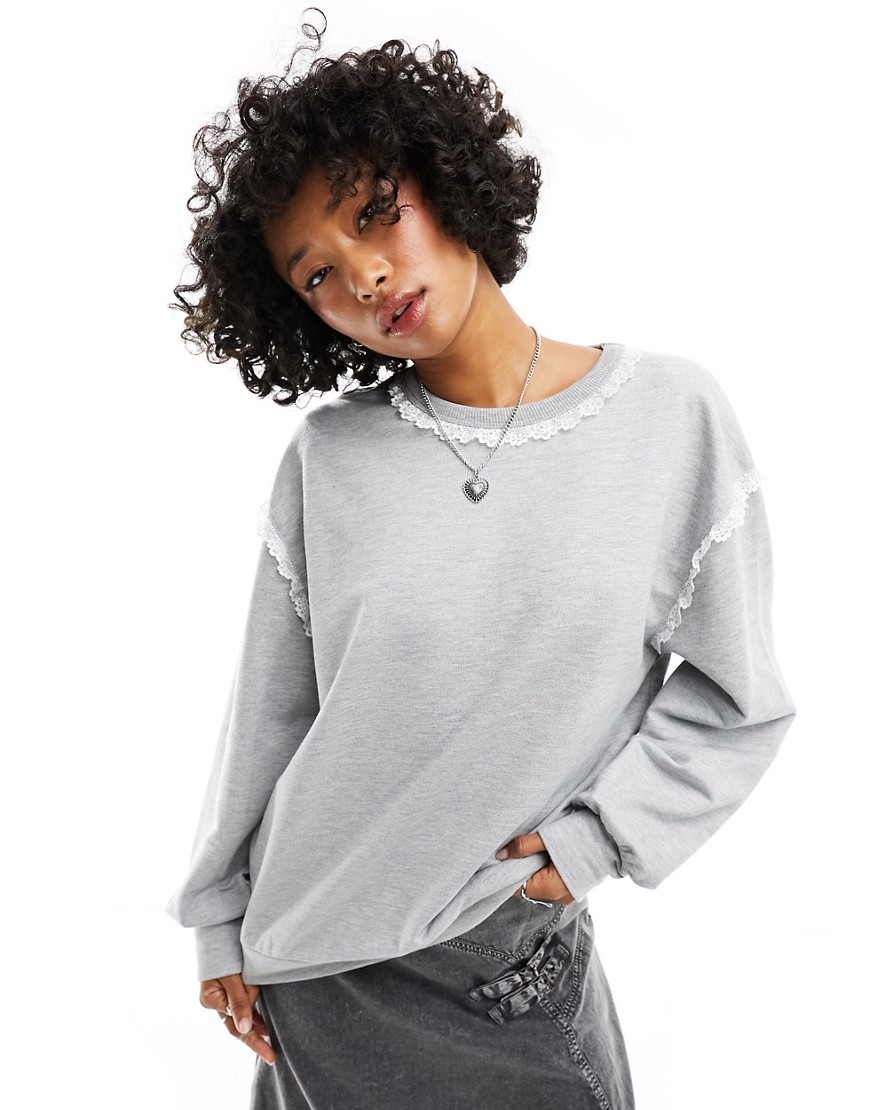 ASOS DESIGN oversized sweatshirt with lace inserts in grey marl