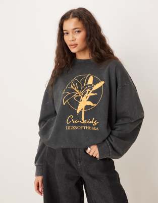 Asos Design Oversized Sweatshirt With Lily Flower Graphic In Gray