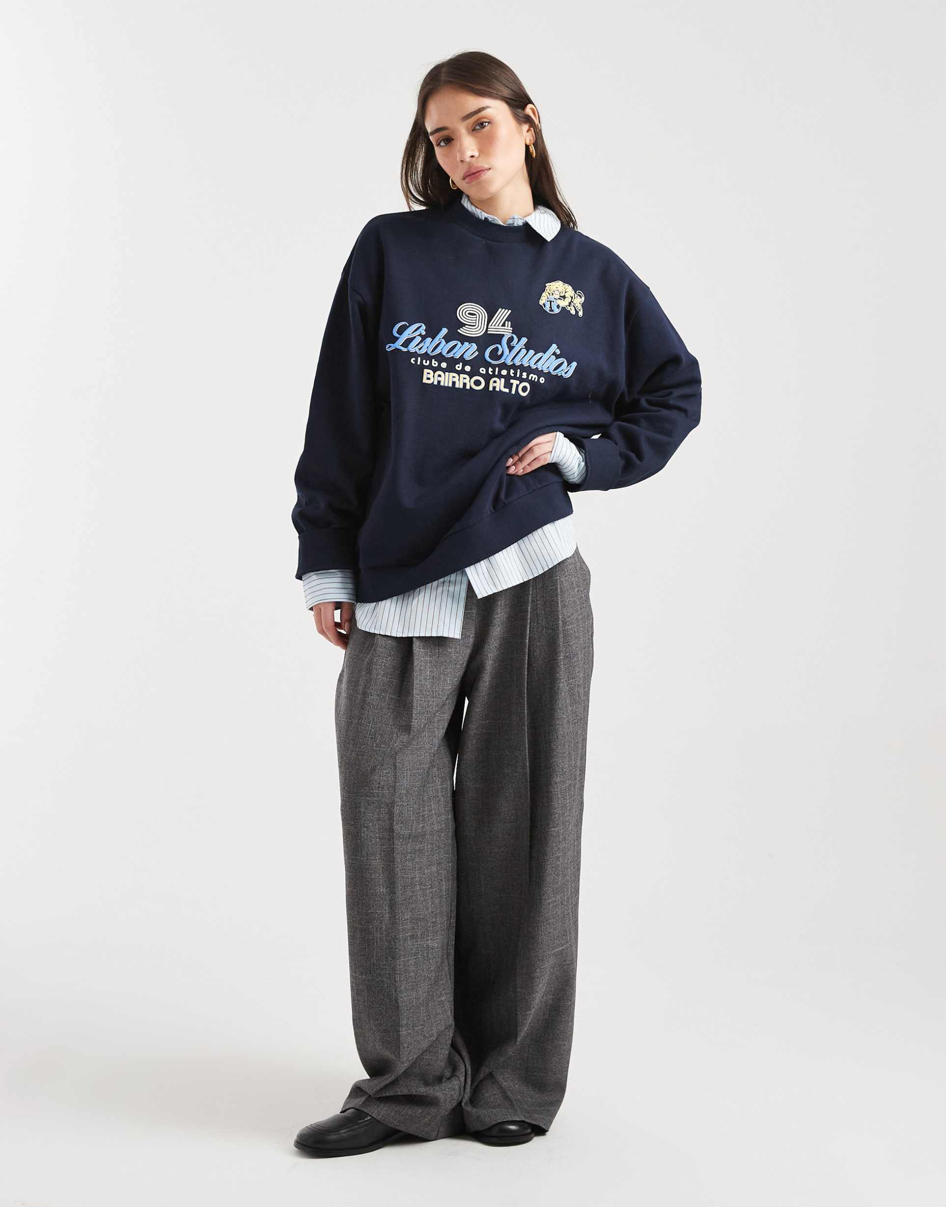 asos design oversized sweatshirt with lisbon studios athletic graphic in navy