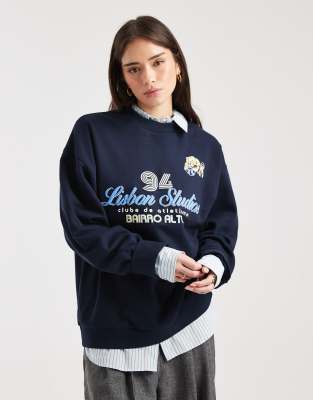 Asos Design Oversized Sweatshirt With Lisbon Studios Athletic Graphic In Blue