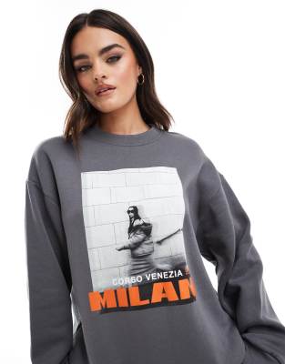 Asos Design Oversized Sweatshirt With Milan Graphic In Charcoal-gray