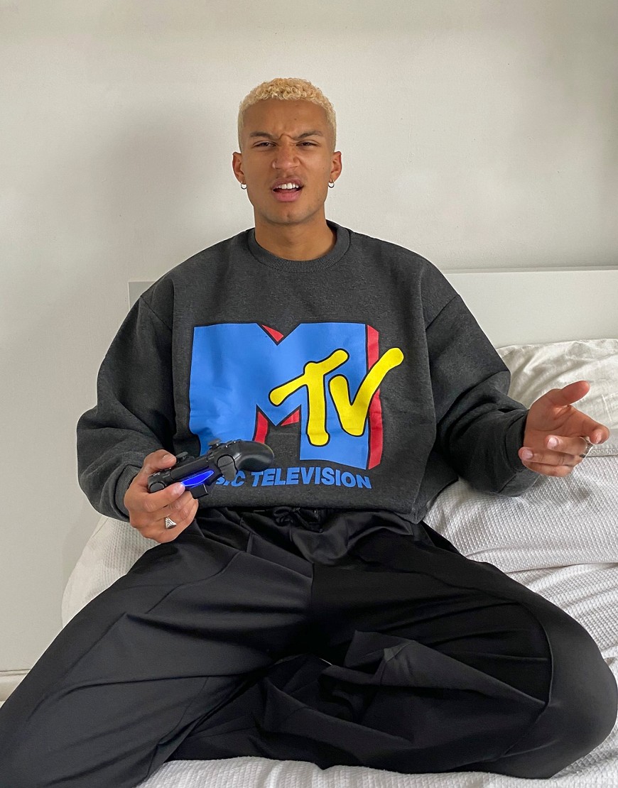 ASOS DESIGN oversized sweatshirt with MTV print in charcoal-Black