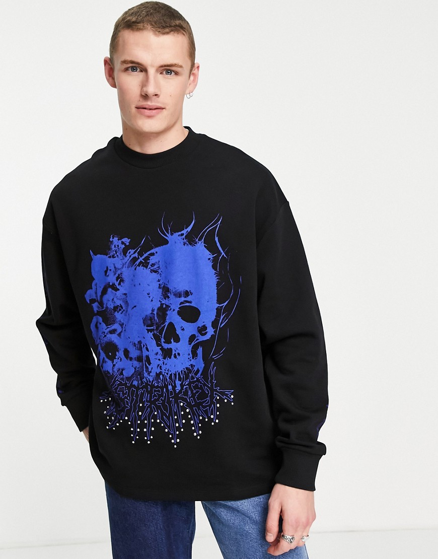 ASOS DESIGN oversized sweatshirt with multi prints and studded detail in black