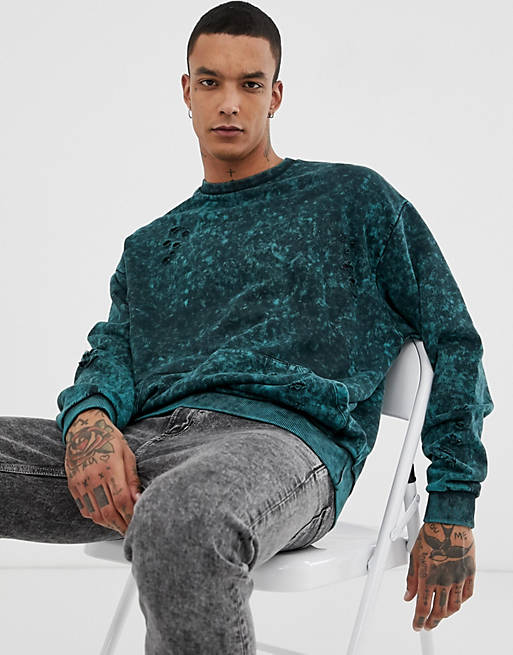 ASOS DESIGN oversized sweatshirt with nibbling in green acid wash | ASOS