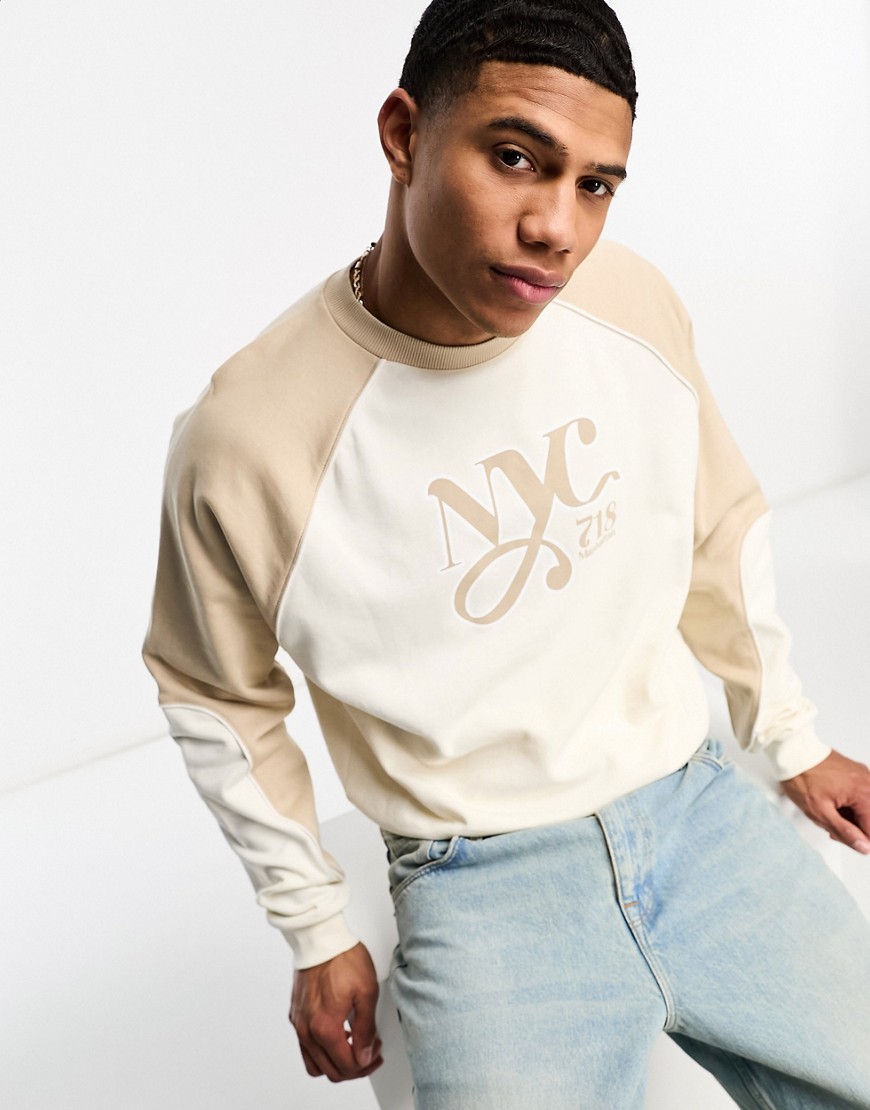 ASOS DESIGN oversized sweatshirt with NYC print in beige-Neutral