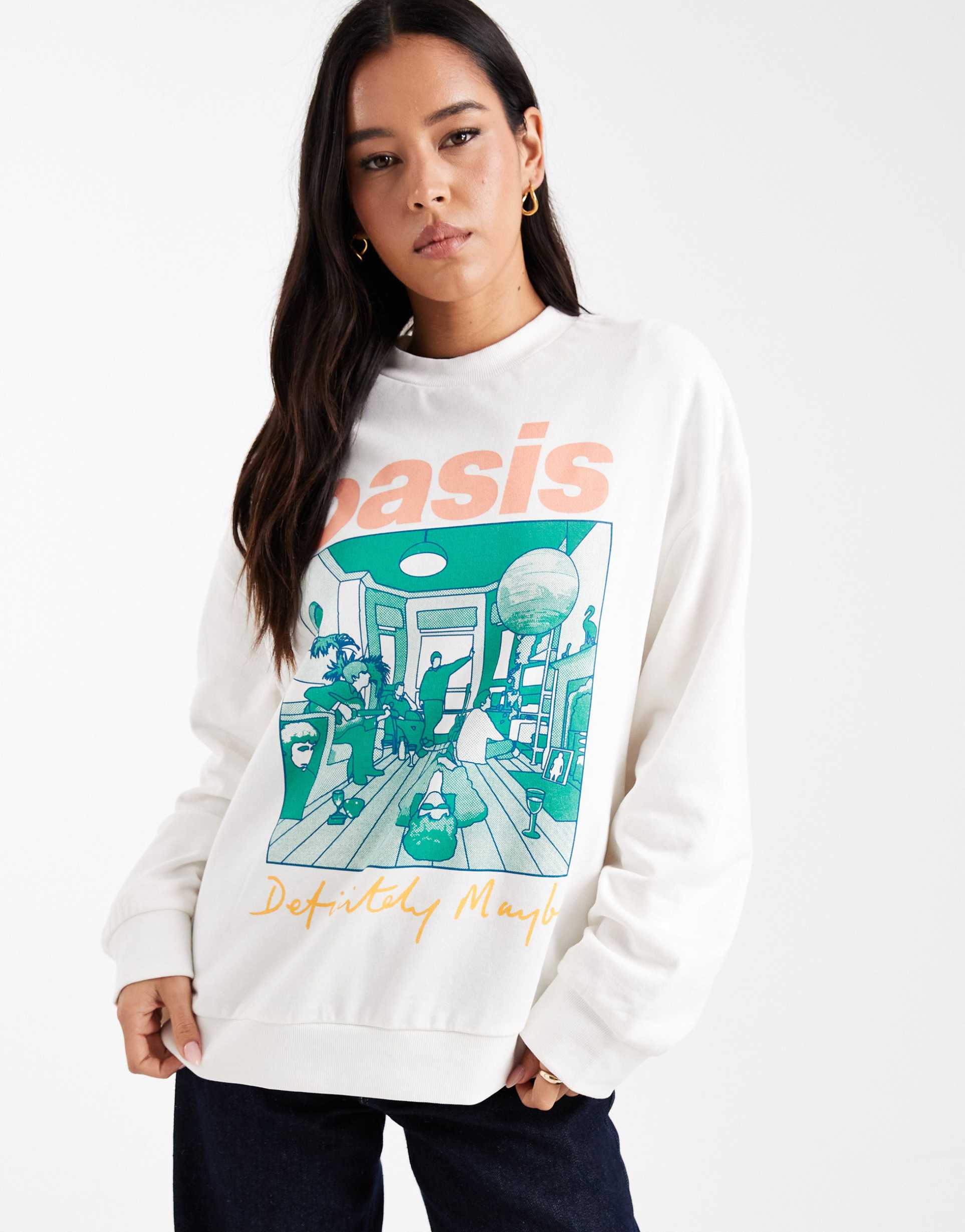 asos design oversized sweatshirt with oasis definitely maybe licensed graphic in cream