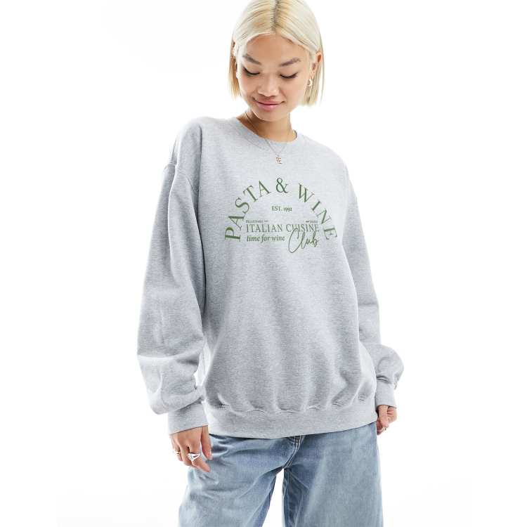 ASOS DESIGN oversized sweatshirt with pasta and wine slogan in grey