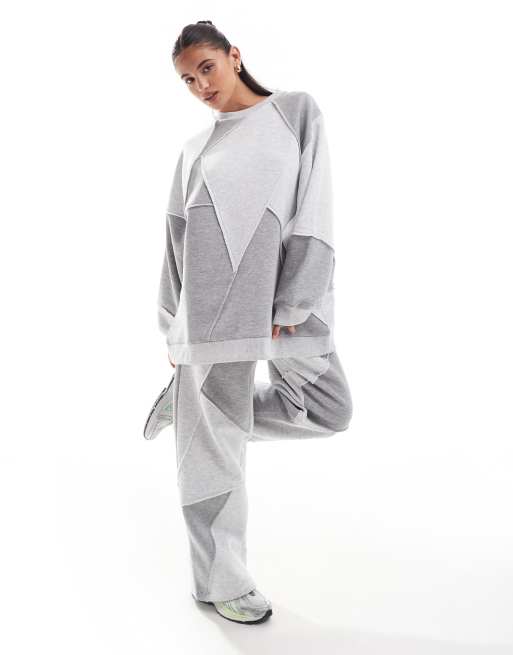 ASOS DESIGN oversized sweatshirt and sweatpants set with patchwork detail  in gray