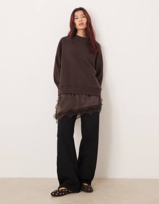 Asos Design Oversized Sweatshirt With Peek-a-boo Satin And Lace Mix Cami In Brown